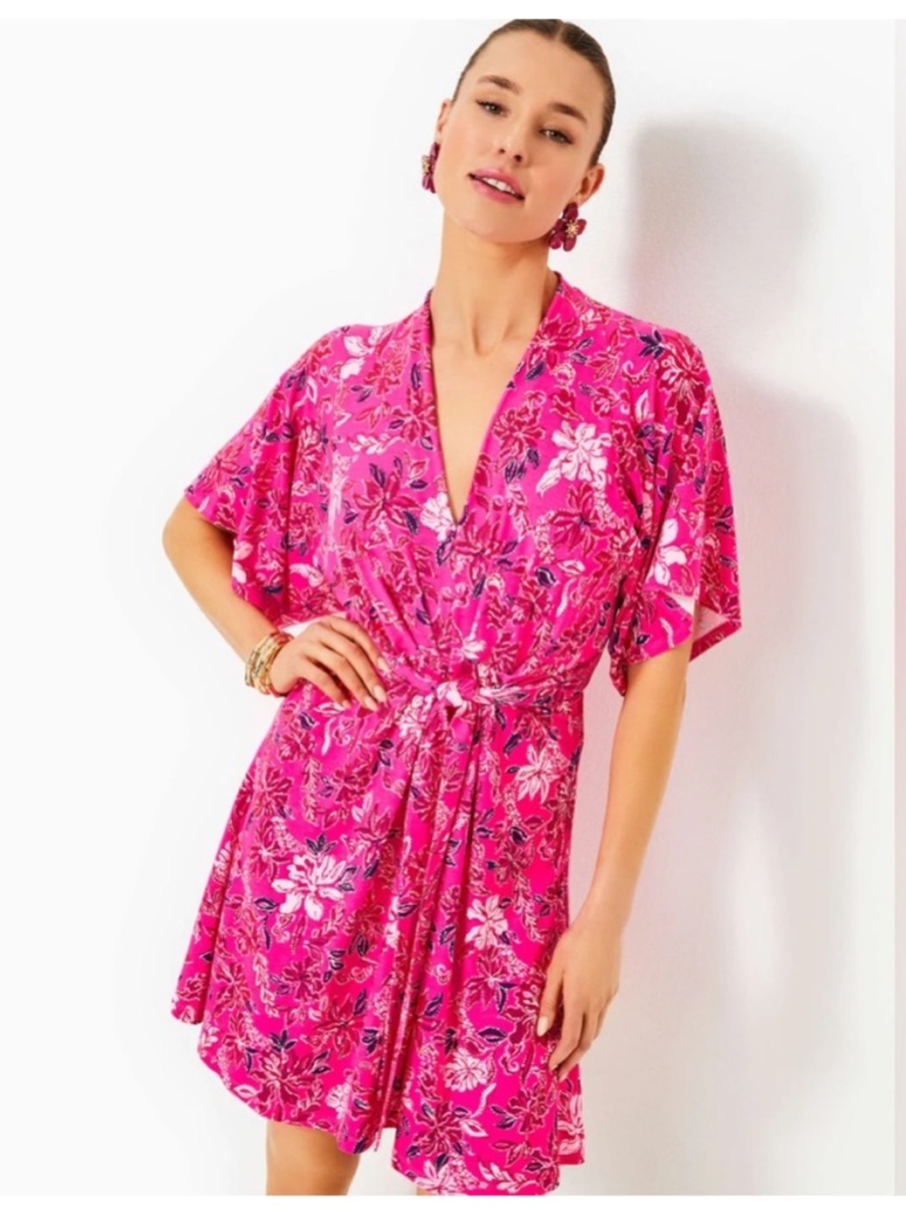 Lilly Pulitzer Wisteria Jersey Knit Kimono Sleeve Floral Dress Pink 10 - Picture 2 of 10